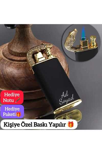TrendÜrünlerim Kişiye Özel Timsah Figürlü Çift Alev Gazlı Ejderha Alevi Çakmak Hediye Paketli