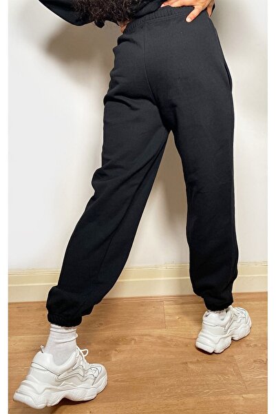 DUBU BUTİK Plt Design Σετ φόρμας Φούτερ Jogger - Μαύρο εμπριμέ Oversize Raised Crew Neck