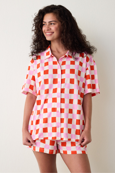Penti Plaid Shirt Collar Cotton Short Sleeve Button Shorts Pajamas Set