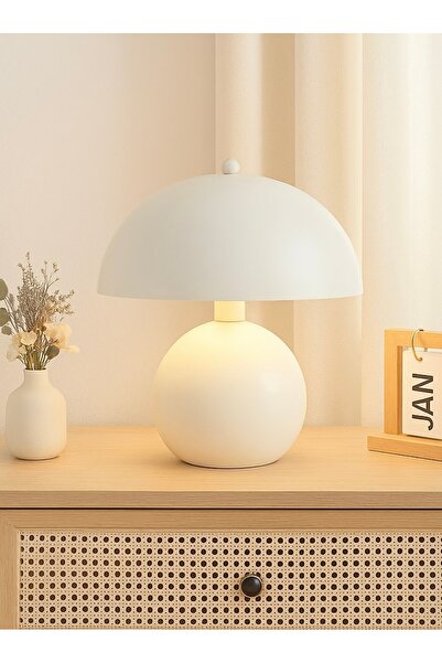 Buiva Modern Tasarım Abajur Krem Mantar Masa Lambası Metal Şapka Metal Gövde