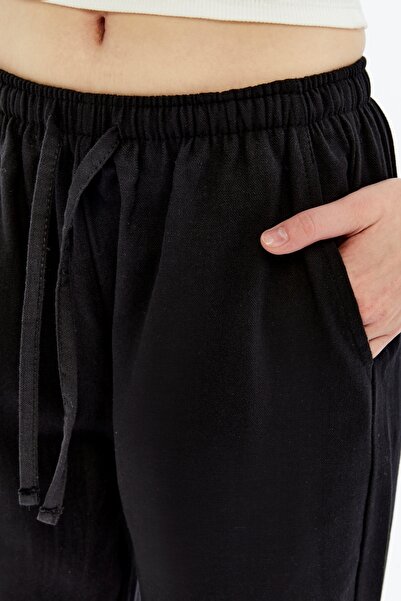 aziso Women's Black Loose Cut Wide Leg Linen Trousers with Elastic Waist