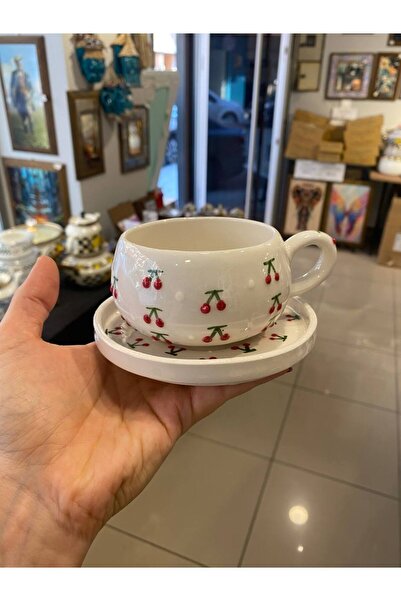 ColorCraft كوب سيراميك مطرز يدويًا بنمط الكرز، كوب قهوة تركي، كوب شاي