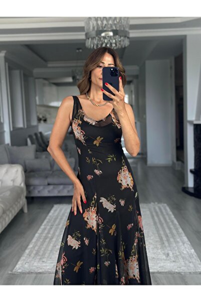 Forlady Butik Siyah Çiçek Desenli Ön Arka V Yaka Maksi Boy Şifon Kadın Elbise