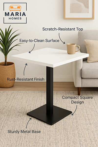 MARIA HOMES Square Dining Table with Black Metal Base – White Marble Finish-size 73*70*70CM