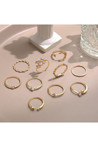 Hilosh Ay Yıldız 10 Parça Tasarım Gold Altın Elmas Taşlı Yüzük Seti