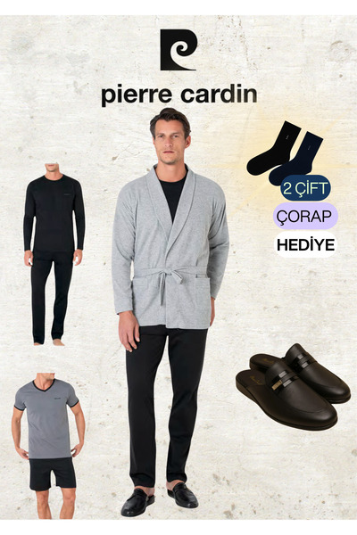 Pierre Cardin 5 Pieces 100% Cotton Robdöşambr & Long Sleeve - Short Sleeve Combed Cotton Pajama Set & Leather Slippers