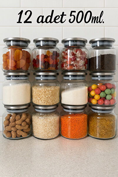 LİNGO HOME مجموعة من 12 وعاء توابل مفرغة بسعة 500 مل مع غطاء معدني - وعاء تخز...