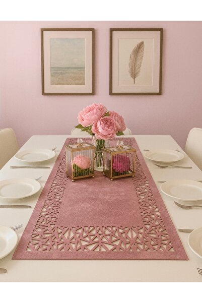 Ergüven Home عداء من جلد الغزال الوردي مقاس 40 × 140 سم - نمط مثلث هندسي