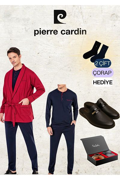 Pierre Cardin 100% Cotton Burgundy Robe & Long Sleeve Pajama Set & Leather Slippers & Genuine Leather Belt Wallet Set