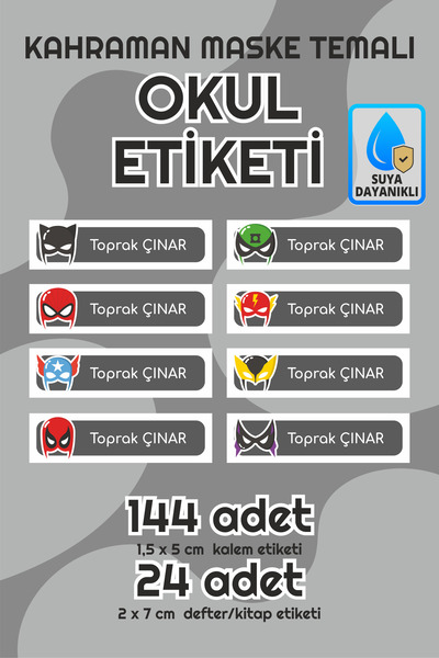 Süper Kahraman Maskeli Isimli Okul Etiketi Defter Kalem Kitap Sticker Seti