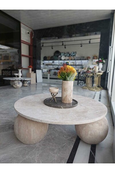 Sümeyra Marble Art Meridian - 3 Küre Tabanlı Yuvarlak Traverten Sehpa | Merme...