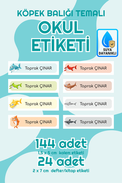 Serisan Köpek Balığı Temalı Isimli Okul Etiketi Defter Kitap Kalem Sticker Seti