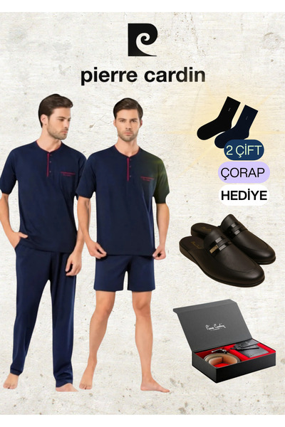Pierre Cardin 3 Piece Combed Cotton 100% Cotton Navy Blue Pajama Set & Leather Slippers & Genuine Leather Belt Wallet Set
