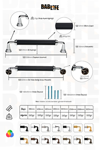 bablife Melis 224mm Negru-crom Metal Sertar de lux Dulap Mobilier Mânere cu toate opțiunile de culoare