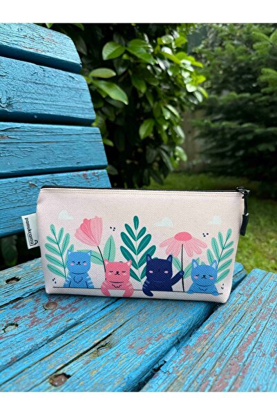 pamukcanta Kedili büyük boy kalemlik yıkanabilir 22x12 ölçülerinde körüklü makyaj çantası ve kalem kutu