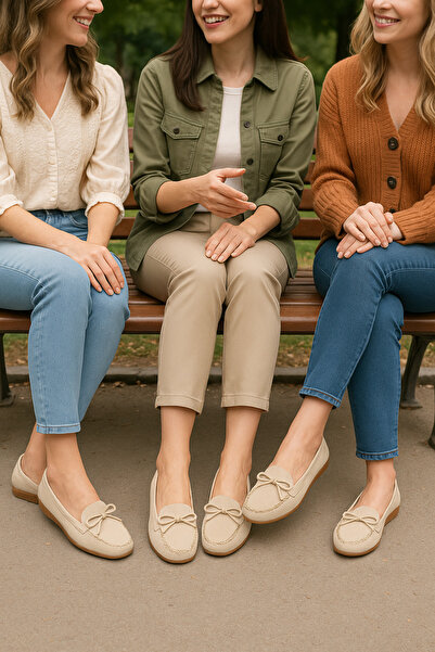 Ayakkabı Delisiyim Bej Süet Kadın Babet – Ortopedik, Hafif, Rahat, Fiyonk Aksesuarlı, Sera, Günlük Ayakkabı