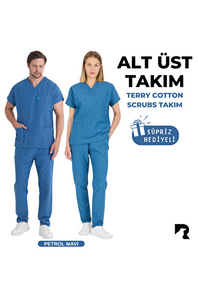 Raven Uniform Petrol Mavi Terry Cotton Doktor Hemşire Eczacı Dişçi Forma Takı...