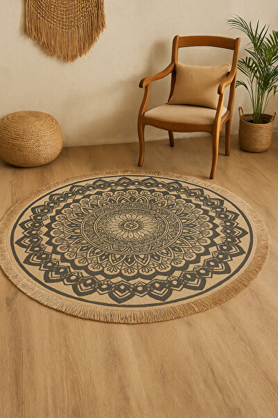 EVİMOD Eko Halı Jute Jt 05 Natural Saçaklı Jüt Yuvarlak Hav Vermez Halı Kilim