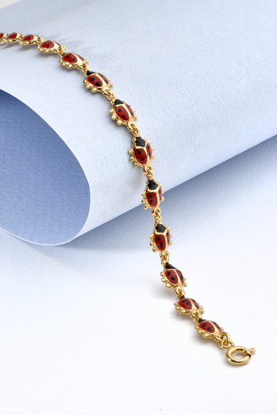 Nox Jewelry 14 Ayar Altın Kaplama Mineli Uğur Böceği Bağlantılı Gümüş Bileklik - BE00100