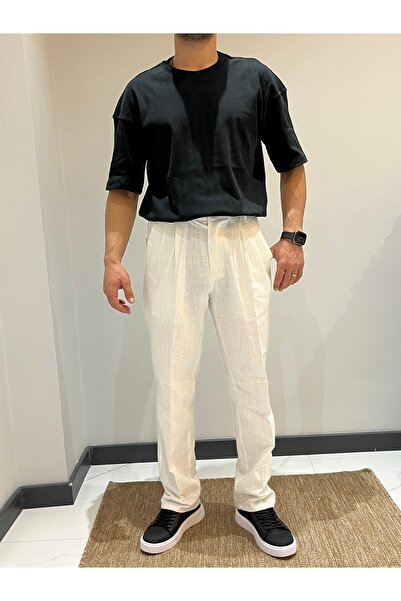 ATK بنطلون كتان أبيض فضفاض مع أزرار إغلاق الخصر وحزام مطاطي مضاد للتنفس