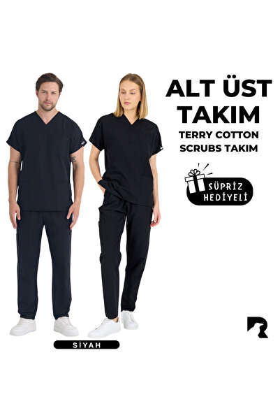 Raven Uniform Siyah Premium Likralı Doktor Hemşire Forma Takımı Scrubs Ünifor...