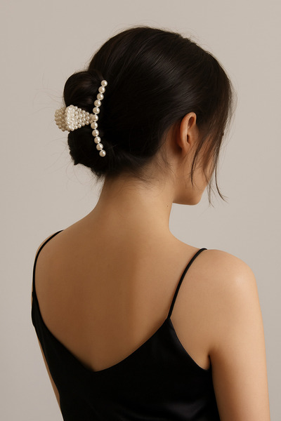 Pretty Pearl Detailed Knot Peg Hair Clip – Women's Hair Accessory, Large Clip Buckle, Stylish and Elegant Model