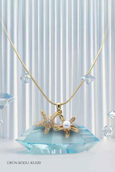 Çelik İnci ve Taş Detaylı Deniz Yıldızı Figürlü Altın Renk Kolye