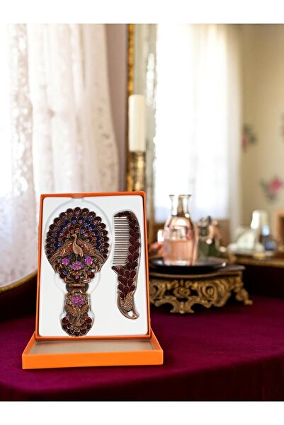 U&M HEDİYELİK Tavuskuşu Desenli El Aynası & Tarak Takımı Büyük Boy – Taşlı, Ş...