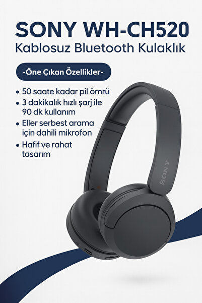 Sony Wh-Ch520 Bluetooth (Kablosuz) Kulaklık 50 Saat Pil Ömrü Hızlı Şarj Hafif Tasarım Siyah 2025 Modeli