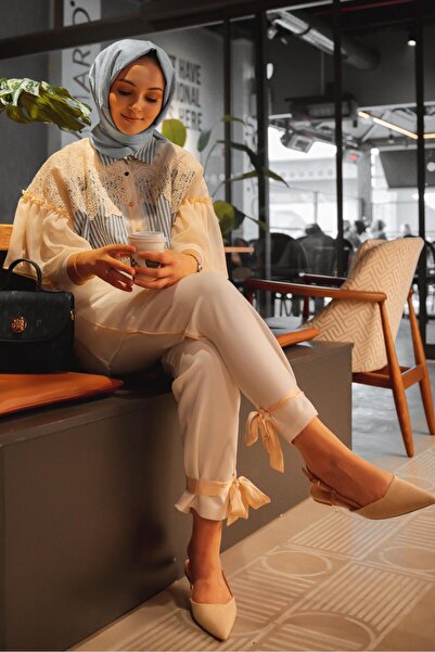 MİANOTTE Mianotte Yanları Dantel Bel Bağlı Paça Fiyonk Pantolon