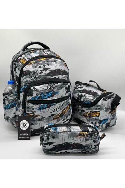 Bevitton Character Pattern Set of 3 Gray Boy's Primary School Backpack