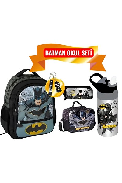 Batman School Bag, Lunch Box, Double Eyed Pencil Case, Keychain and Water Bottle & Flask Gift