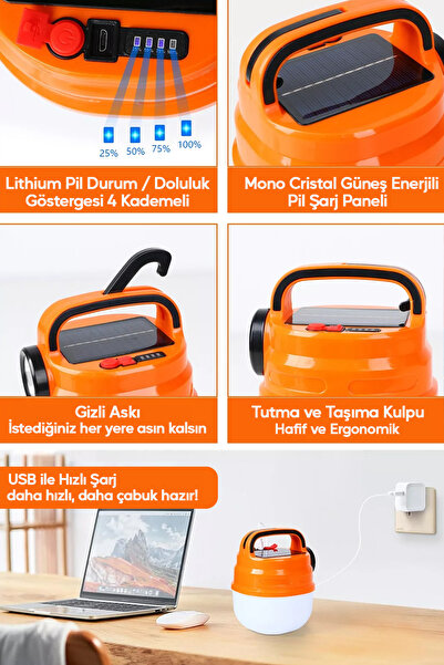 SULED 6 Modlu El Feneri ve Kamp Lambası USB & Solar Şarjlı SMD Led Askılı Taşınabilir Işık