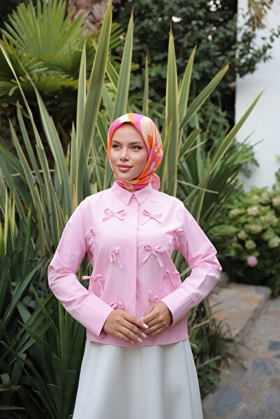 Nergis Neva Butik Closed Patch Bow Poplin Short Shirt