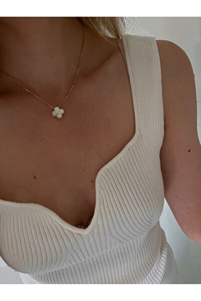 Lluvia Aksesuar Çelik Beyaz Yonca Kolye ve Küpe Set Sevgiliye hediye Doğum Gü...