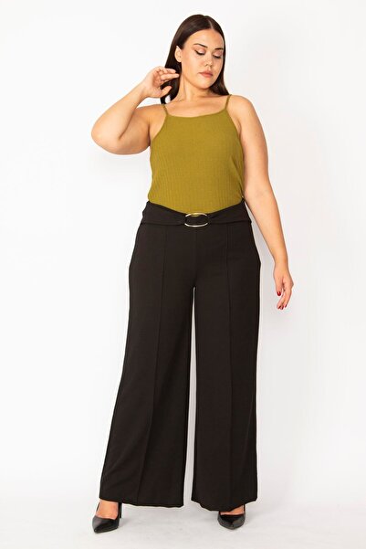 Şans Women's Large Size Black Wide Leg Classic Trousers with Waist Buckle Detail 65n28520