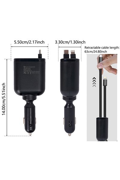 Choice black Car Charger Super Fast Charging USB 3.1A Type C PD Fast Charging Voltage Detection Retractable