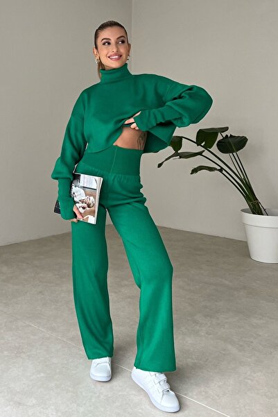 bayansepeti Hand-stitched Knitwear Crop and High Waist Green Knitwear Trousers Set 015