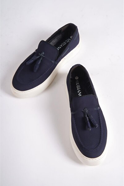 Mubiano Естествена кожа 22106-LCV Нубък тъмно син дебела подметка мъжки мокасини с пискюли & ежедневни обувки