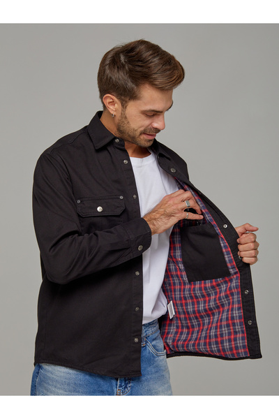 muzzo jeans Βαμβακερό μαύρο πουκάμισο με καρό ύφασμα ξυλοκόπος μέσα στο μπουφάν