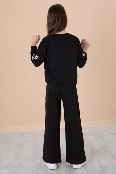 Cansın Mini Σετ κοριτσίστικη φόρμα με μαύρο λουλούδι κεντημένο μπανιέρα με φαρδύ πόδι 20191