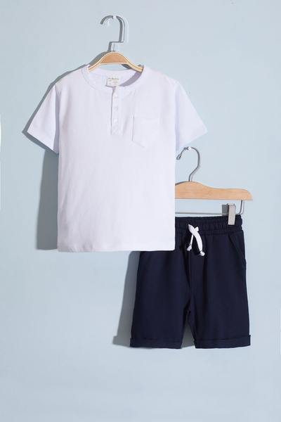 Cansın Mini White Buttoned Short Sleeve Baby Boy Shorts Set - 18628