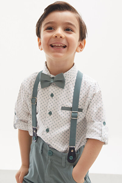 Cansın Mini Green Patterned Shirt and Suspender Trousers Boy's Bow Tie Suit 18137