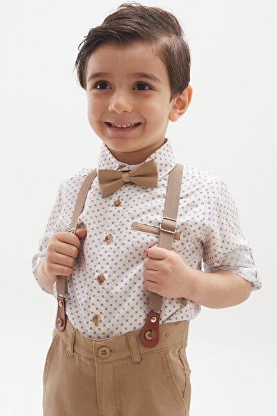Cansın Mini Beige Patterned Boy's Bow Tie Suit with Shirt and Suspender Pants 18138