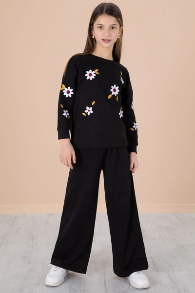 Cansın Mini Σετ κοριτσίστικη φόρμα με μαύρο λουλούδι κεντημένο μπανιέρα με φαρδύ πόδι 20191