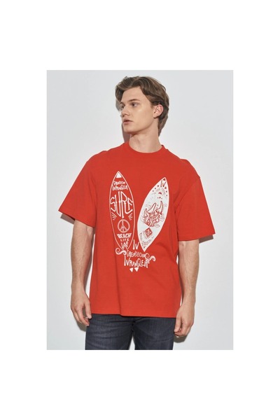 WRANGLER Loose Fit Men's Red Crew Neck T-Shirt