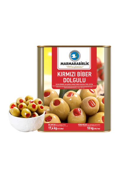 MarmaraBirlik Kırmızı Biber Dolgulu Yeşil Zeytin XL (201-230) 10 Kg