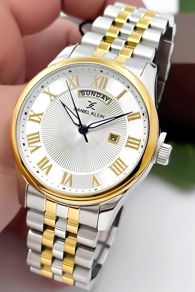 Daniel Klein Men's Wrist Watch – with Calendar, Steel Jubilee Band, 44mm Case Silver-Gold Zmdk1129