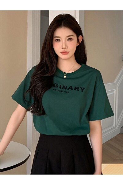 DUBU BUTİK Μπλουζάκι Nefti Green Oversize Maginary Single Jersey - Crew Neck, κοντομάνικο