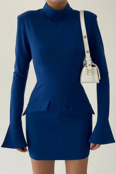 WOMAN VISION Kadın Krep Kumaş Sahte Cep Tasarım Dik Yaka Uzun Kollu Mini Mavi Elbise 216